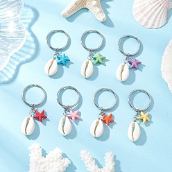 (52) Непрозрачная лаванда Брелки из синтетической бирюзы и натуральных ракушек каури, с 304 брелками из нержавеющей стали, в форме раковины с морской звездой, платина, разноцветные, 60.5 мм