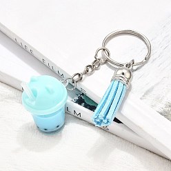 Светло-Голубой Брелок из искусственной замши с кисточкой и имитацией чая «бабл-ти» из смолы, с железными разрезными брелоками, Небесно-голубой, 81.5 мм