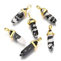 Джаспер Зебра Кулоны из натуральной зебры и яшмы с двойным окончанием и острым концом, с подвеской из случайного сплава с шестигранной головкой, золотые, пуля, 37~40x12.5x10 мм, отверстие : 3x4.5 мм