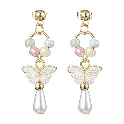 Golden ABS Plastic Imitation Pearl & Glass Seed Earrings, with 304 Stainless Steel Earring Studs, Jewely for Women, Teardrop, Golden, 44x15mm
