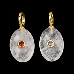 Quartz Crystal Natural Quartz Crystal Pendants, Rock Crystal Faceted Oval Charms with Brass Micro Pave Cubic Zirconia(Random Color) Findings, Golden, 27.5x13.5x6.5mm, Hole: 5.5mm
