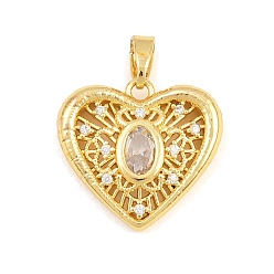 Golden Brass Micro Pave Clear Cubic Zirconia Pendants, Heart with Oval Charms, Golden, 17x18x4mm, Hole: 5x3mm
