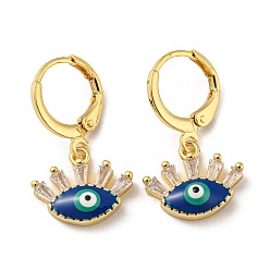 Medium Blue Real 18K Gold Plated Brass Dangle Leverback Earrings, with Enamel and Glass, Evil Eye, Medium Blue, 23x11.5mm