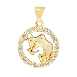 Tauro Micro latón allanan colgantes cúbicos del zirconia, colgante redondo plano con constelación, real 18 k chapado en oro, Tauro, 16 mm