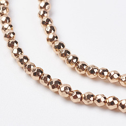 Light Gold Plated Non-magnetic Synthetic Hematite Bead Strands, Faceted, Round, Light Gold Plated, 4mm, Hole: 1mm, about 70~102pcs/strand, 15.5 inch~17.7 inch