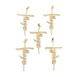 Настоящее золото 18K Латунные микропаве прозрачные подвески с фианитом, долговечный, крест со словом надежда, реальный 18 k позолоченный, 55x30x3 мм, отверстие : 4.5x3.5 мм