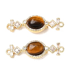 Настоящее золото 18K Латунные застежки из прозрачного кубического циркония с микропаве, с натуральным тигровый глаз, овальные с ромбами, реальный 18 k позолоченный, 36x11x9 мм, отверстие : 1.8 мм