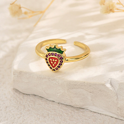 Клубника Фруктовые темы латунные паве кубические цирконии манжеты открытые кольца для женщин, с эмалью, золотые, клубника, 11x8 мм, внутренний диаметр: 16мм~18мм