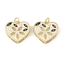 White Brass Micro Pave Clear Cubic Zirconia Pendants, with Enamel, Heart with Flower Charms, Real 18K Gold Plated, White, 19x19x4mm, Hole: 3mm