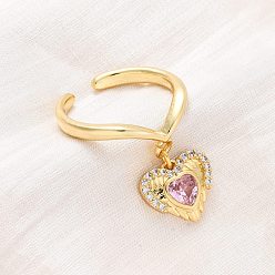 Pink Открытые манжеты из латуни с микропаве и цирконием для женщин, сердце, стойки покрытие, прочное покрытие, без кадмия и без свинца, розовые, 11.5x13 мм, внутренний диаметр: 18.4 мм