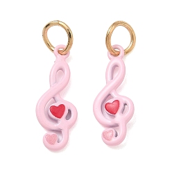 Pink Латунные подвески с принтом, Подвески в виде сердечек с музыкальными нотами и соединительными кольцами., золотые, розовые, 19x7x2 мм, отверстие : 4 мм