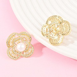 Настоящее золото 18K Серьги-гвоздики из латуни с микропаве и прозрачными кубическими циркониями в форме цветка ко Дню святого Валентина, с ABS имитации жемчуга, долговечный, без свинца и без кадмия, реальный 18 k позолоченный, 21.5x21 мм