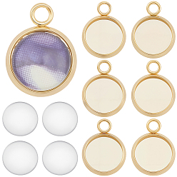 Настоящее золото 24K Комплекты кулонов своими руками, в том числе 304 подвеска из нержавеющей стали с кабошоном, чашки безель с краями, плоско-круглые, с прозрачными стеклянными кабошонами, реальный 24 k позолоченный, лоток : 10 мм, 15x12x2 мм, отверстие : 2.2 мм, 40 шт