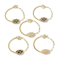 Смешанные камни Браслеты-мешочки в технике макраме с двойными наконечниками и заостренными звеньями из смешанных драгоценных камней, 304 цепочки из скрепок из нержавеющей стали, витые цепочки, браслеты для женщин и мужчин, золотые, 7-1/2 дюйм (19.2 см)