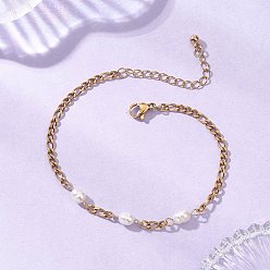 Золотой Браслеты из натурального культивированного пресноводного жемчуга, 304 браслеты из нержавеющей стали с цепочками Фигаро для женщин, золотые, 7.20 дюйм (18.3 см)