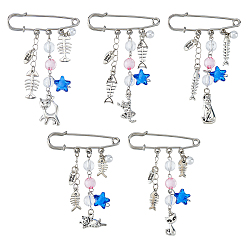 (52) Непрозрачная лаванда 5 шт. 304 булавки из нержавеющей стали, рыбья кость и кошка, с подвесками из сплава и акрила, разноцветные, 68~80 мм