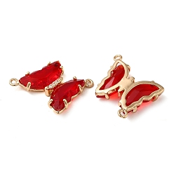 FireBrick Brass Pave Faceted Glass Connector Charms, Golden Tone Butterfly Links, FireBrick, 20x22x5mm, Hole: 1.2mm