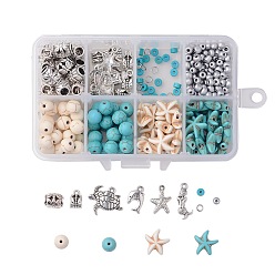 Mixed Color Ocean Theme DIY Jewelry Sets, with Synthetic Turquoise Beads, Alloy Pendants & Beads, Baking Paint Glass Seed Beads, Sea Turtle & Sea Star & Dolphin & Mermaid, Mixed Color, 110x70x30mm