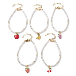 Mixed Color Fruit Alloy Enamel Charm Bracelets, with Shell Pearl Beaded, Mixed Color, 6-7/8 inch(17.4cm)