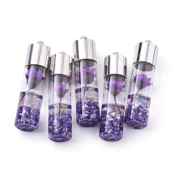 Сине-фиолетовый Прозрачные стеклянные бутылки подвески, со смолой и синтетическим драгоценным камнем и сухим цветком внутри, латунная фурнитура, платина, синий фиолетовый, 44x11 мм, отверстие : 2 мм