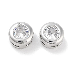 Clear Brass with Single Cubic Zirconia Slide Charms, Flat Round, Platinum, Clear, 5.5x3.5mm, Hole: 3x0.6mm