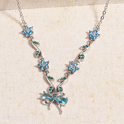 Темно-Голубой Подвеска-бант в виде цветка из латуни с инкрустацией кубическим цирконием для женщин., платина, глубокое синее небо, 15.75 дюйм (40 см)