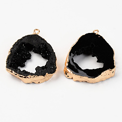 Black Druzy Resin Pendants, Imitation Geode Druzy Agate Slices, with Edge Light Gold Plated Iron Loops, Nuggets, Black, 38~39x32.5~33.5x7~8mm, Hole: 1.6mm