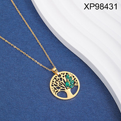 Tree of Life 304 Подвеска-колье из нержавеющей стали с зелеными кубическими циркониями, выполненная в технике ажурной инкрустации, для женщин., золотые, древо жизни, 17.72 дюйм (45 см), Кулон : 22 мм