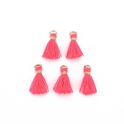 Hot Pink Polycotton(Polyester Cotton) Tassel Pendant Decorations, Mini Tassel, with Iron Findings and Metallic Cord, Light Gold, Hot Pink, 10~15x2~3mm, Hole: 1.5mm