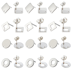 Нержавеющая Сталь Цвет 80 шт. 4 стили ромбовидные и плоские круглые и пончиковые серьги-гвоздики из нержавеющей стали, с отверстиями и гайками/задней частью сережек, цвет нержавеющей стали, 9.5~13.5x9.5~13.5x1 мм, отверстия: 1~1.6, штифты : 0.8 мм, 20 шт / стиль