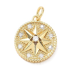 Настоящее золото 18K Латунные микро проложить кубического циркония подвески, без кадмия и без свинца, с целью перехода в кольце, круглый со звездными подвесками, реальный 18 k позолоченный, 16x14x5 мм, отверстие : 3.5 мм