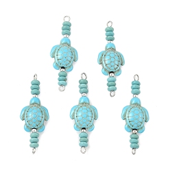 Темно-бирюзовый Подвески-коннекторы из синтетических окрашенных бирюзовых бусин в виде черепахи-рондель, с 304 петлями из нержавеющей стали, цвет нержавеющей стали, темные бирюзовый, 40x14.5x7 мм, отверстие : 2 мм