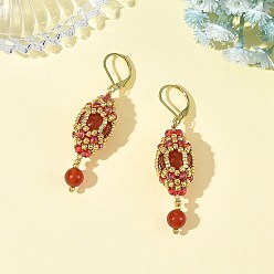 Carnelian Natural Carnelian Leveback Earrings for Women, Oval, with Glass Seed, 304 Stainless Steel Leverback Earrings for Women, Real 18K Gold Plated, 54x13.5mm