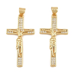 Golden Easter Brass Micro Pave Clear Cubic Zirconia Pendants, Crucifix Charms, Cadmium Free & Lead Free, Golden, 35x18x3mm, Hole: 5x3mm