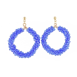 Bleu Boucles d'oreille, avec des perles de verre à facettes, Boucles d'oreilles 304 en acier inoxydable plaqué or, perles en laiton et écrous d'oreille, bleu, 54mm, pin: 0.7 mm