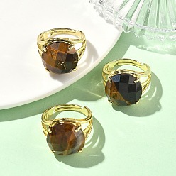Тигровый глаз Латунные манжеты с открытыми кольцами, с натуральным тигровый глаз, круглые, граненые, стойки покрытие, долговечный, золотые, 18 мм