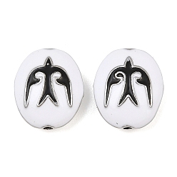 Black Brass Enamel Beads, Oval with Bird Pattern, Real Platinum Plated, Black, 18x15x7.5mm, Hole: 1.8mm