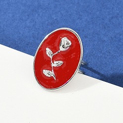 Красный Овальные с рисунком розы 304 эмалевые кольца из нержавеющей стали для женщин, цвет нержавеющей стали, красные, овальный : 25.5x18.5 mm, внутренний диаметр: 17 мм