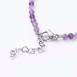 Amethyst Natural Amethyst Beaded Bracelets, with Brass Beads, 304 Stainless Steel Lobster Claw Clasps & Heart Link Chains, 7-1/2 inch(19cm)