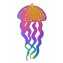Jellyfish Ионное покрытие (ip) 201 подвески с травленым металлом из нержавеющей стали, Радуга цветов, медуза, 67x34x0.3 мм, отверстие : 1.4 мм