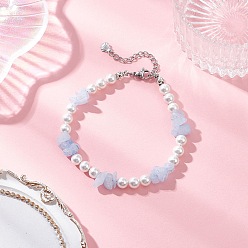 Аквамарин Браслеты из натуральных бусин аквамарина и стеклянного жемчуга, с 304 фурнитурой из нержавеющей стали, 7-3/4~8 дюйм (19.6~20.4 см)