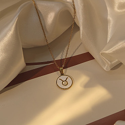 Телец 304 Женские кулоны из нержавеющей стали с натуральными ракушками, плоскими и круглыми, с созвездиями, реальный 18 k позолоченный, цвет морской раковины, Телец, 15.75 дюйм (40 см)