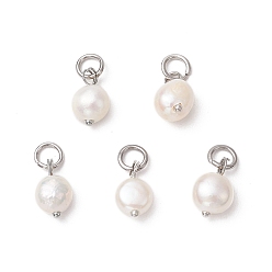 Нержавеющая Сталь Цвет Картофельные прелести из натурального культивированного пресноводного жемчуга, с латунными петлями и 304 соединительными кольцами из нержавеющей стали, цветочный белый, цвет нержавеющей стали, 11.5x8.5 мм, отверстие : 4 мм