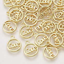 Light Gold Alloy Charms, Flat Round with Word Love, Light Gold, 12x10x1.5mm, Hole: 1.4mm