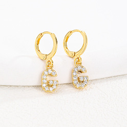 Letter G Латунные серьги-кольца из прозрачного кубического циркония, золотые, Буква G, 25x8 мм