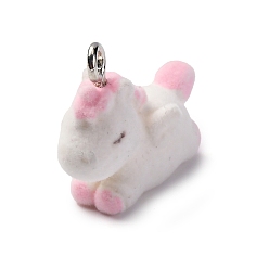 Единорог Подвески из флокированной смолы анима с платиновой железной петлей, единорог, 22x10x24 мм, отверстие : 2.5 мм