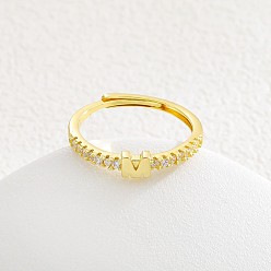 Letter M Регулируемые латунные кольца с микропаве из прозрачных кубических цирконий для женщин, буквы, золотые, Буква М, внутренний диаметр: 16~19 мм