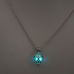 Круглые Сплав с люминесцентной смоляной бусиной внутри подвески ожерелья для женщин и мужчин, платина, круглые, 17.72 дюйм (45 см)