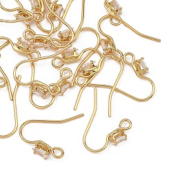 Real 18K Gold Plated SHEGRACE Brass Pave Cubic Zirconia Earring Findings, Ear Wire, Real 18K Gold Plated, 14x3mm, Hole: 2mm, Pin: 0.8mm