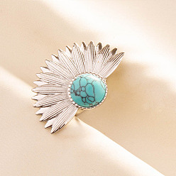 Синтетическая Бирюза Регулируемые 304 манжеты из нержавеющей стали с открытыми кольцами для женщин, цветок, с синтетическими бирюзовый, цвет нержавеющей стали, 26 мм, внутренний диаметр: 17 мм